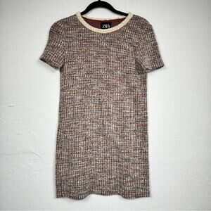 Zara Multi Color Tweed Mini Shift Dress Womens S Preppy Retro Academia Clueless